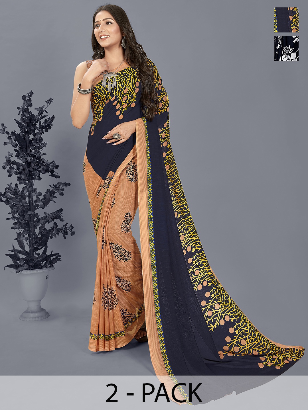ANAND SAREES Selection of 2 Floral Printed Saree, Black