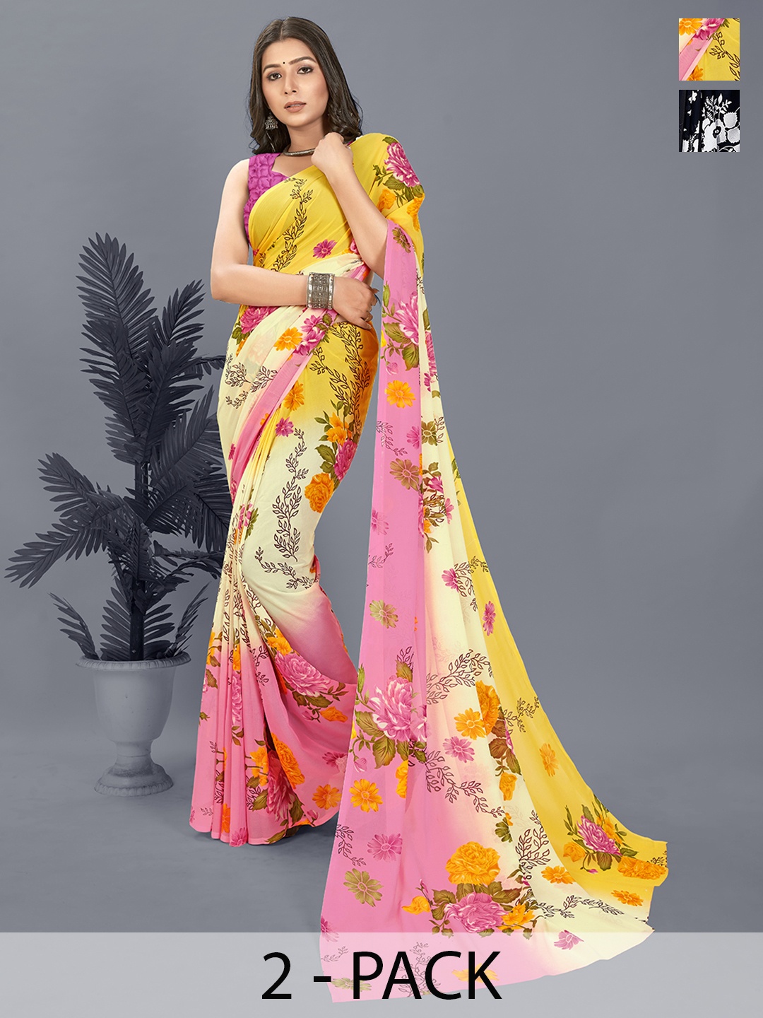

ANAND SAREES Selection of 2 Floral Printed Saree, Black