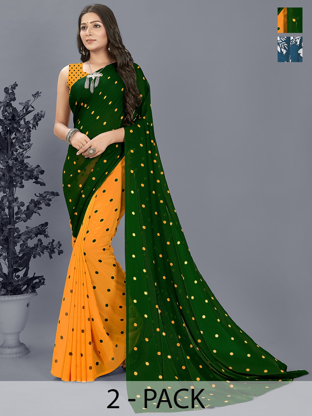 

ANAND SAREES Pack of 2 Polka Dots Half and Half Saree, Blue