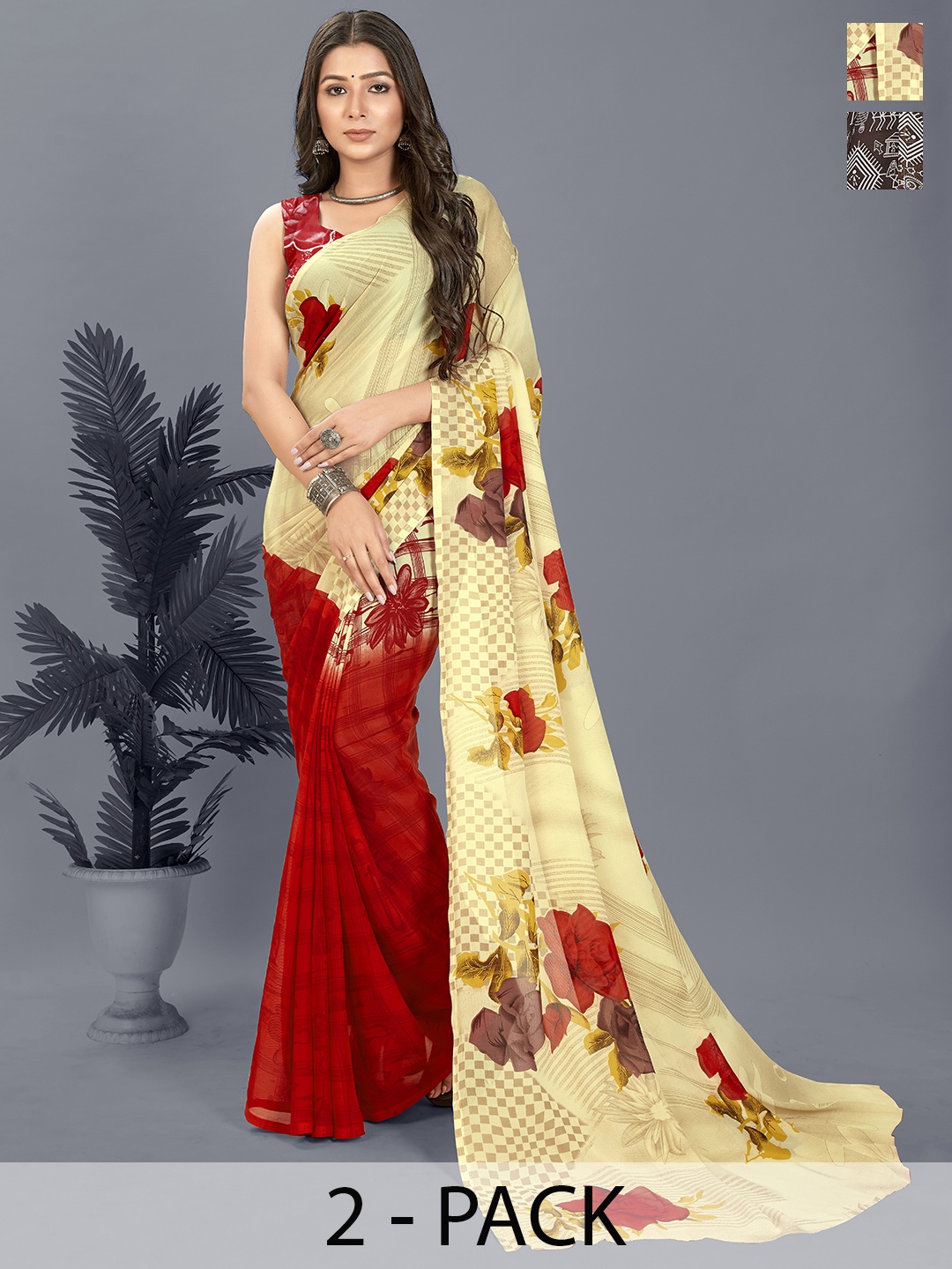 

ANAND SAREES Selection of 2 Floral Printed Saree, Yellow