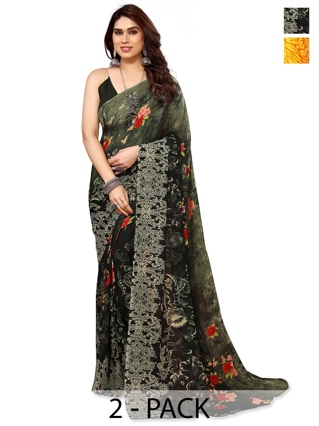 ANAND SAREES Selection of 2 Floral Printed Saree, Green