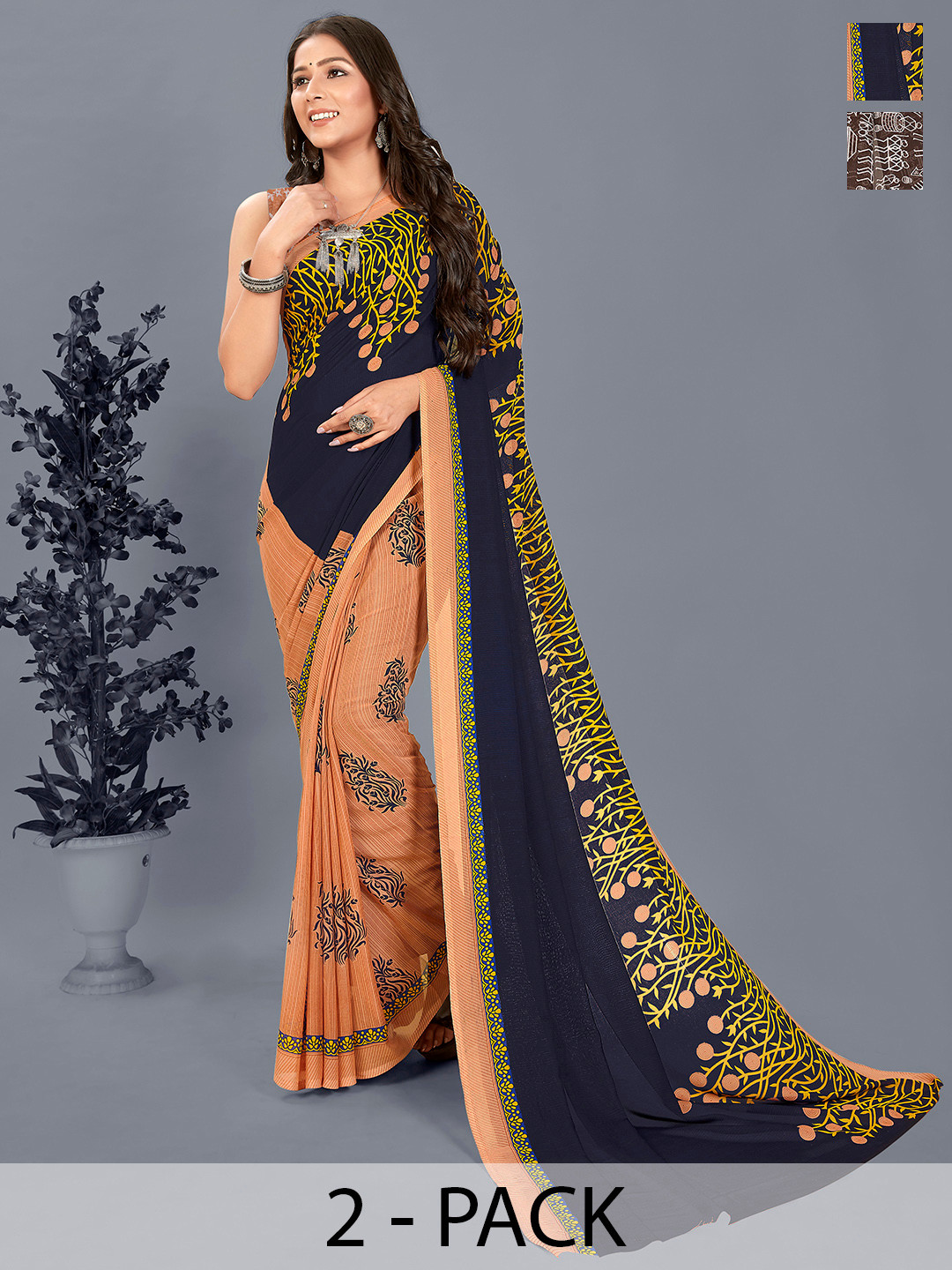 

ANAND SAREES Selection of 2 Printed Saree, Brown