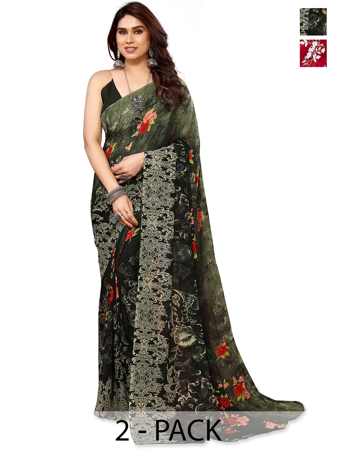 

ANAND SAREES Selection of 2 Floral Printed Saree, Black