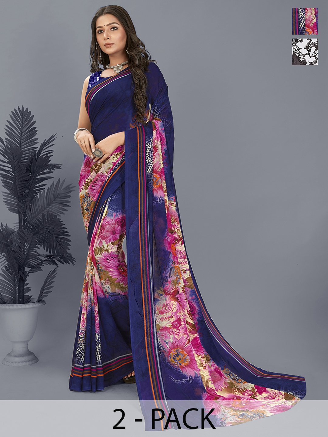 

ANAND SAREES Selection of 2 Floral Printed Saree, Blue