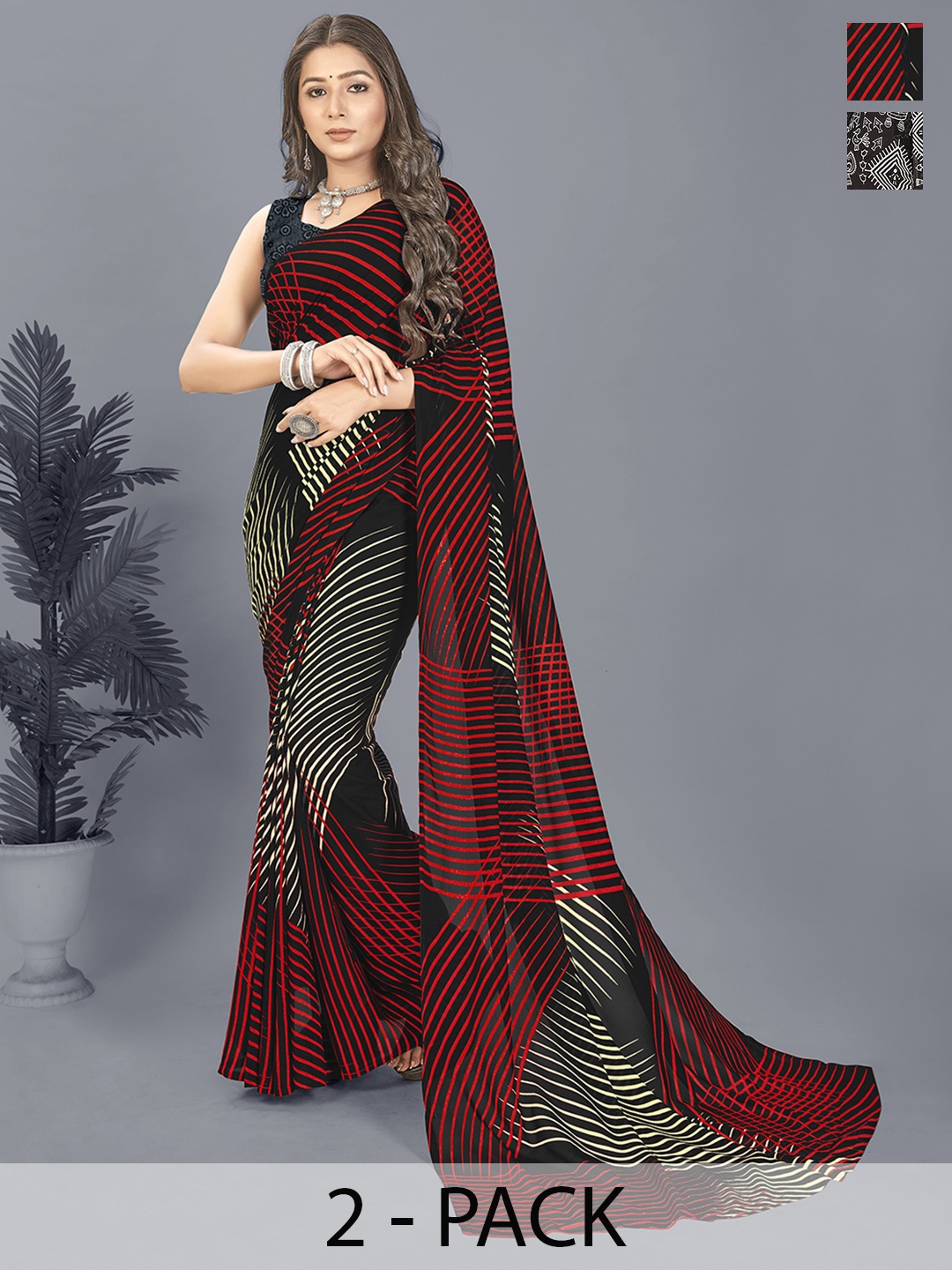 

ANAND SAREES Selection of 2 Printed Saree, Black