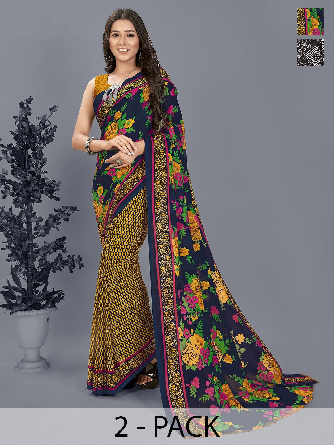 

ANAND SAREES Selection of 2 Floral Printed Saree, Grey