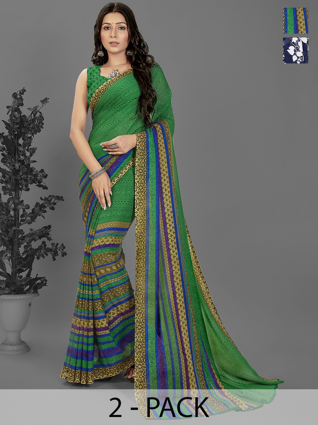 

ANAND SAREES Selection of 2 Floral Printed Saree, Green