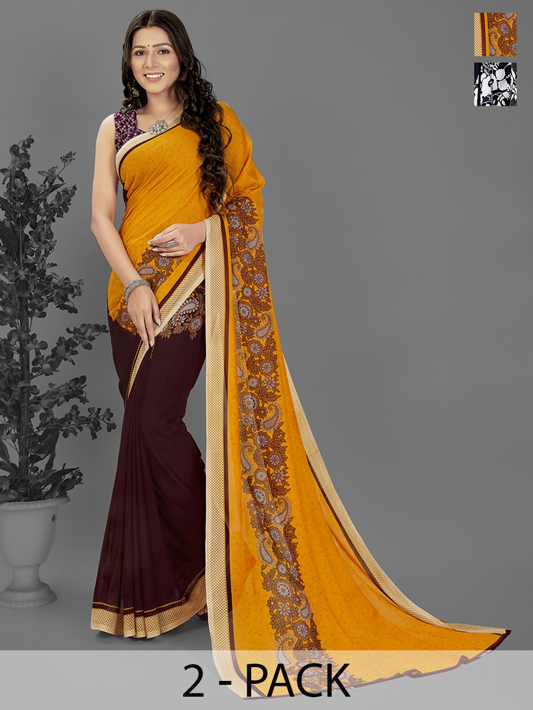 

ANAND SAREES Selection of 2 Floral Printed Saree, Black