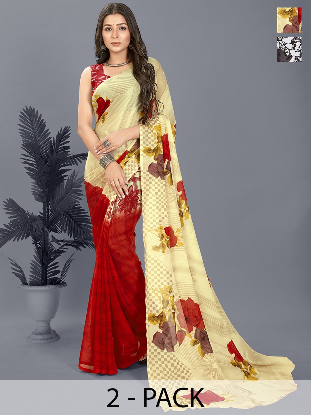 

ANAND SAREES Selection of 2 Floral Printed Saree, Brown