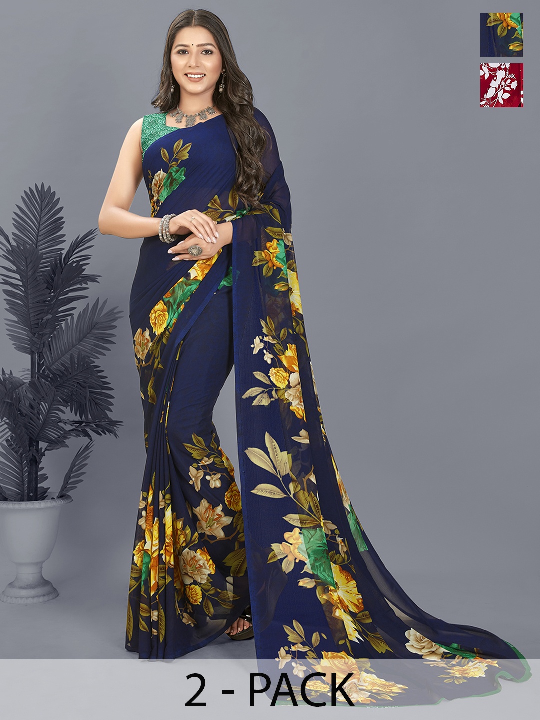 ANAND SAREES Selection of 2 Floral Printed Saree, Blue