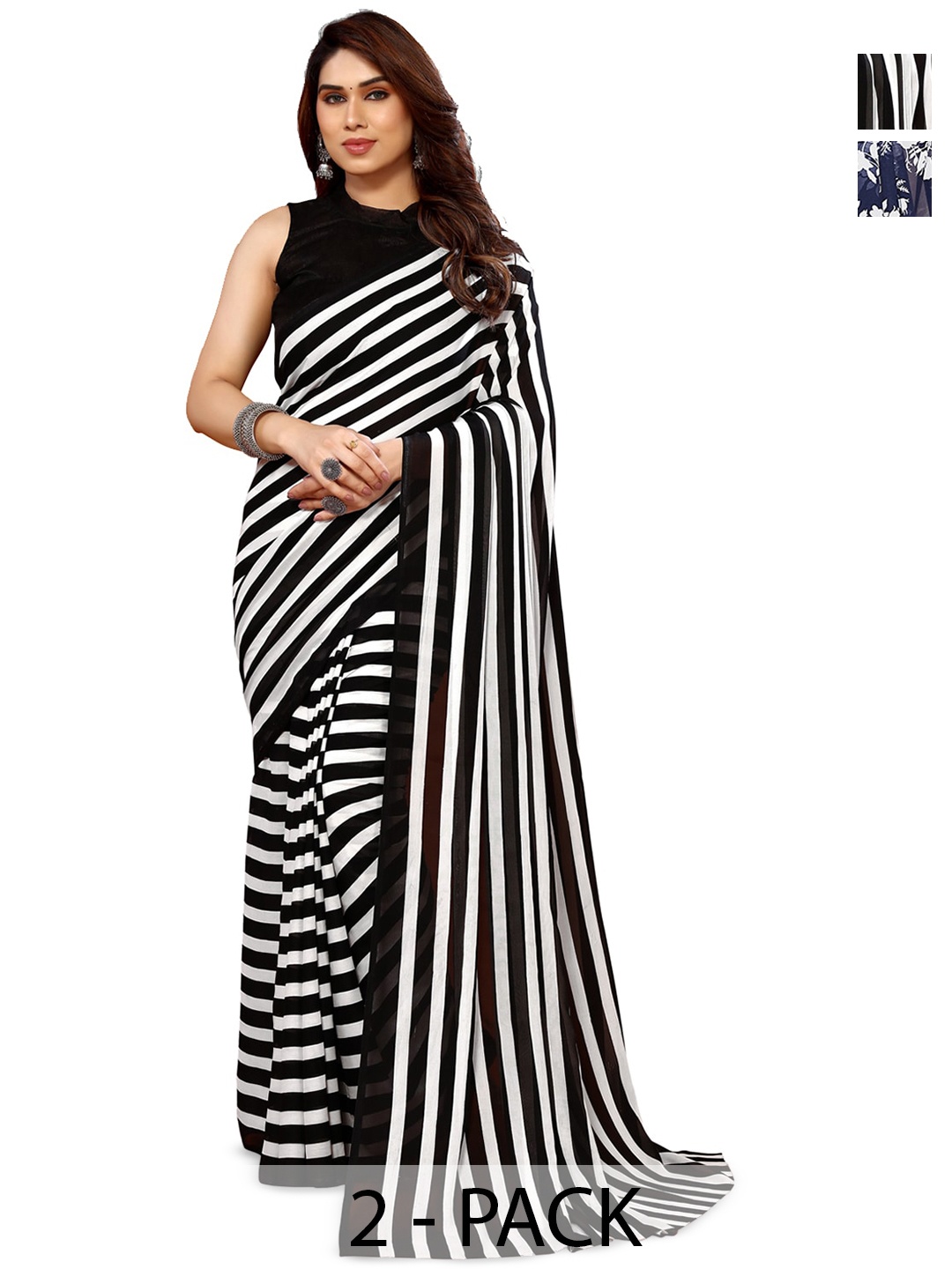 

ANAND SAREES Selection of 2 Striped Printed Sarees, Black