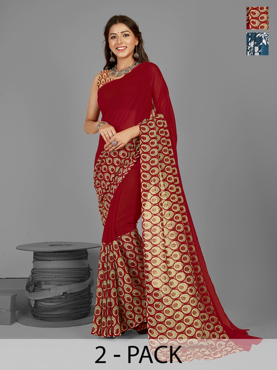 

ANAND SAREES Geometric Pack of 2 Saree, Red