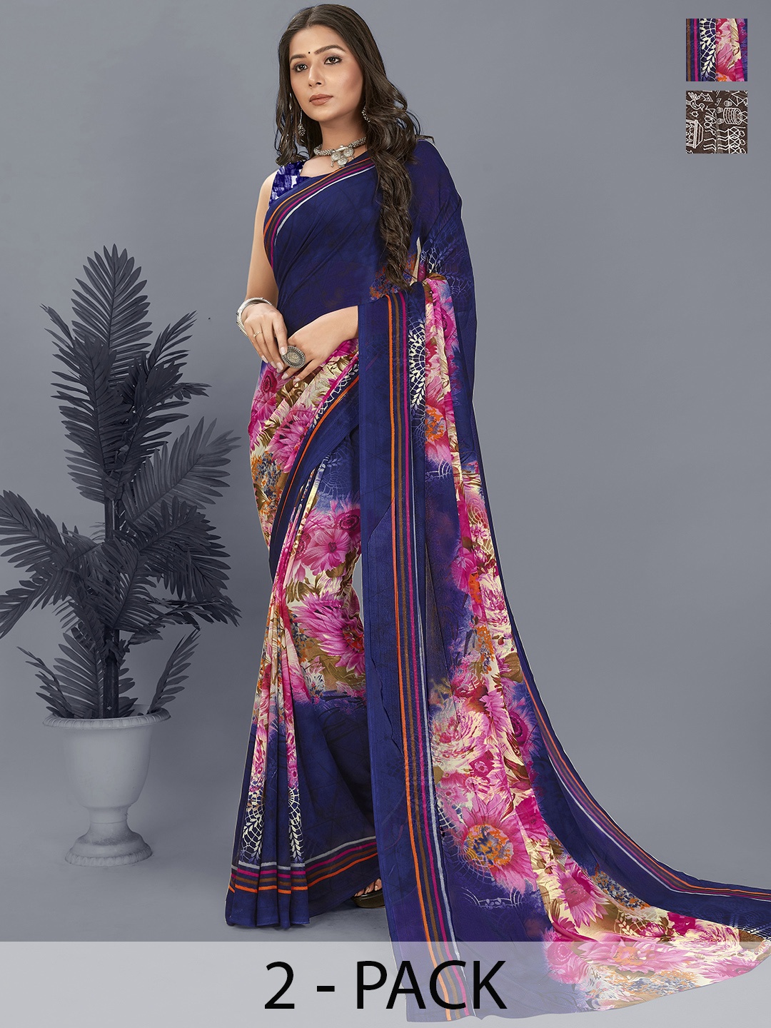 

ANAND SAREES Warli Pack of 2 Saree, Brown