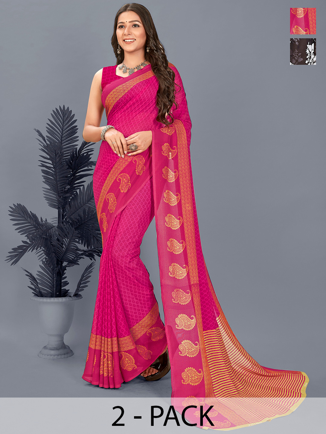 

ANAND SAREES Ethnic Motif Pack of 2 Saree, Pink
