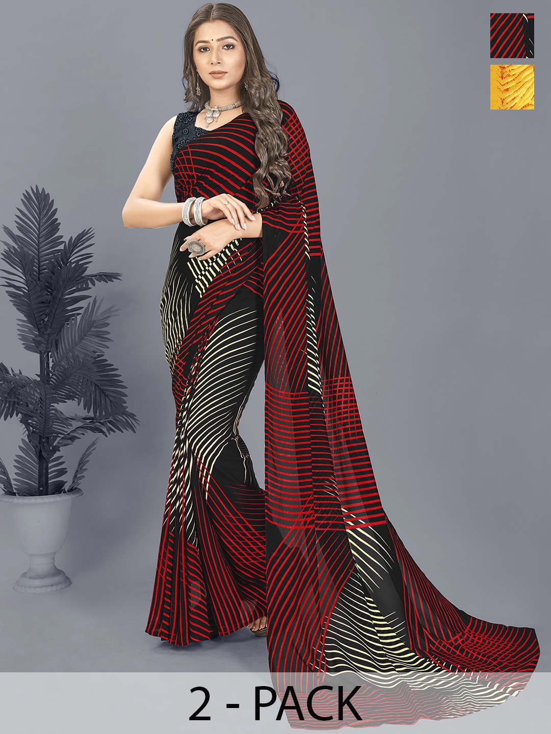 

ANAND SAREES Striped Pack of 2 Printed Saree, Yellow