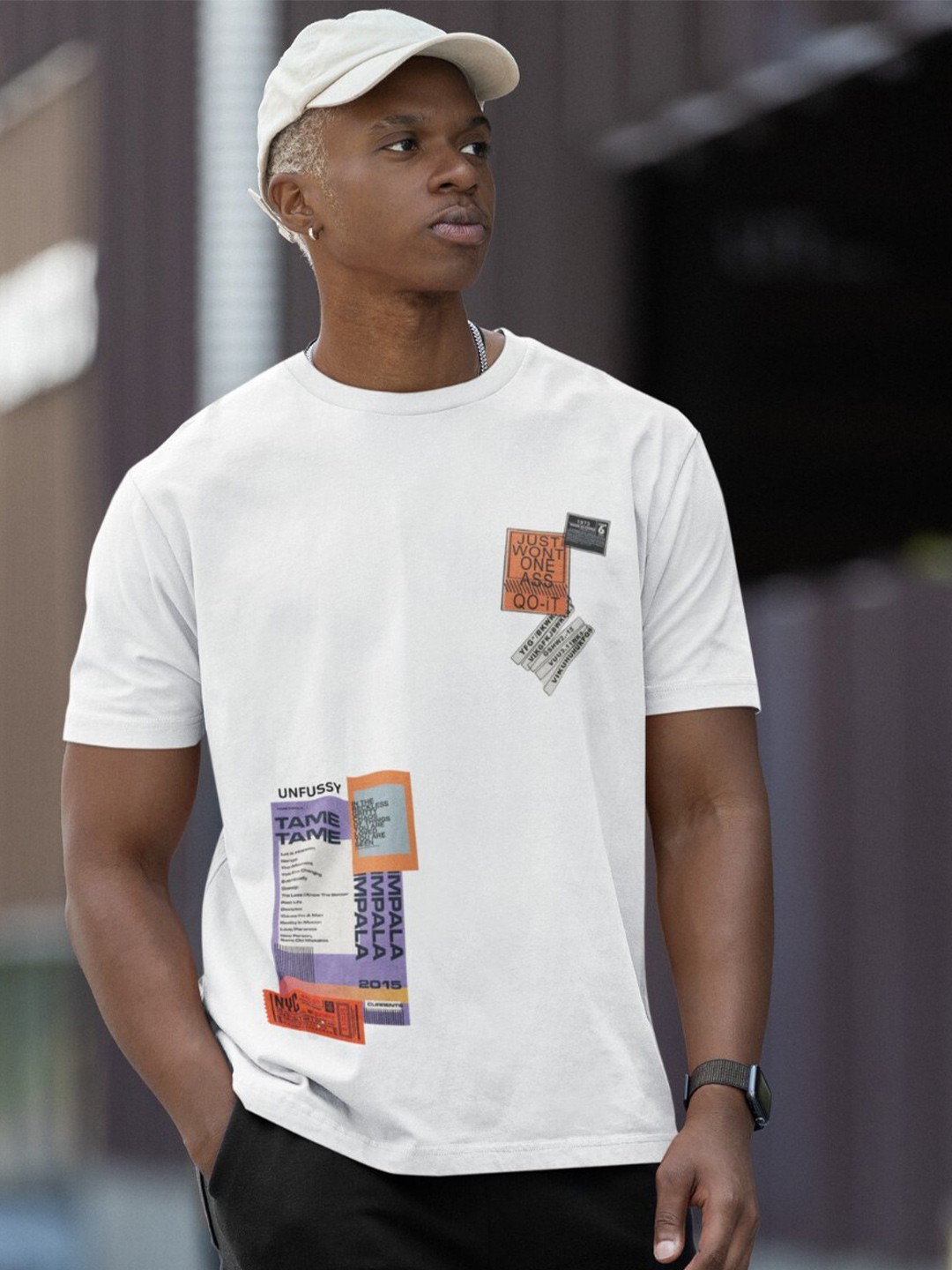 

Unfussy Typography Printed Drop-Shoulder Sleeves Pure Cotton Oversized T-shirt, White