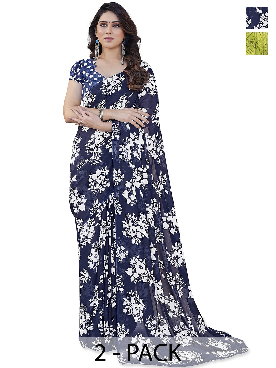 ANAND SAREES Pack of 2 Floral Printed Saree, Blue