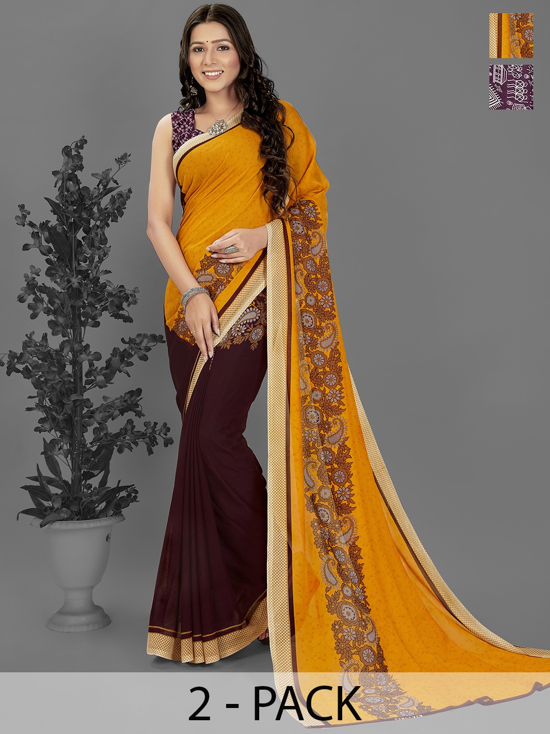ANAND SAREES Ethnic Motif Pack of 2 Saree, Burgundy