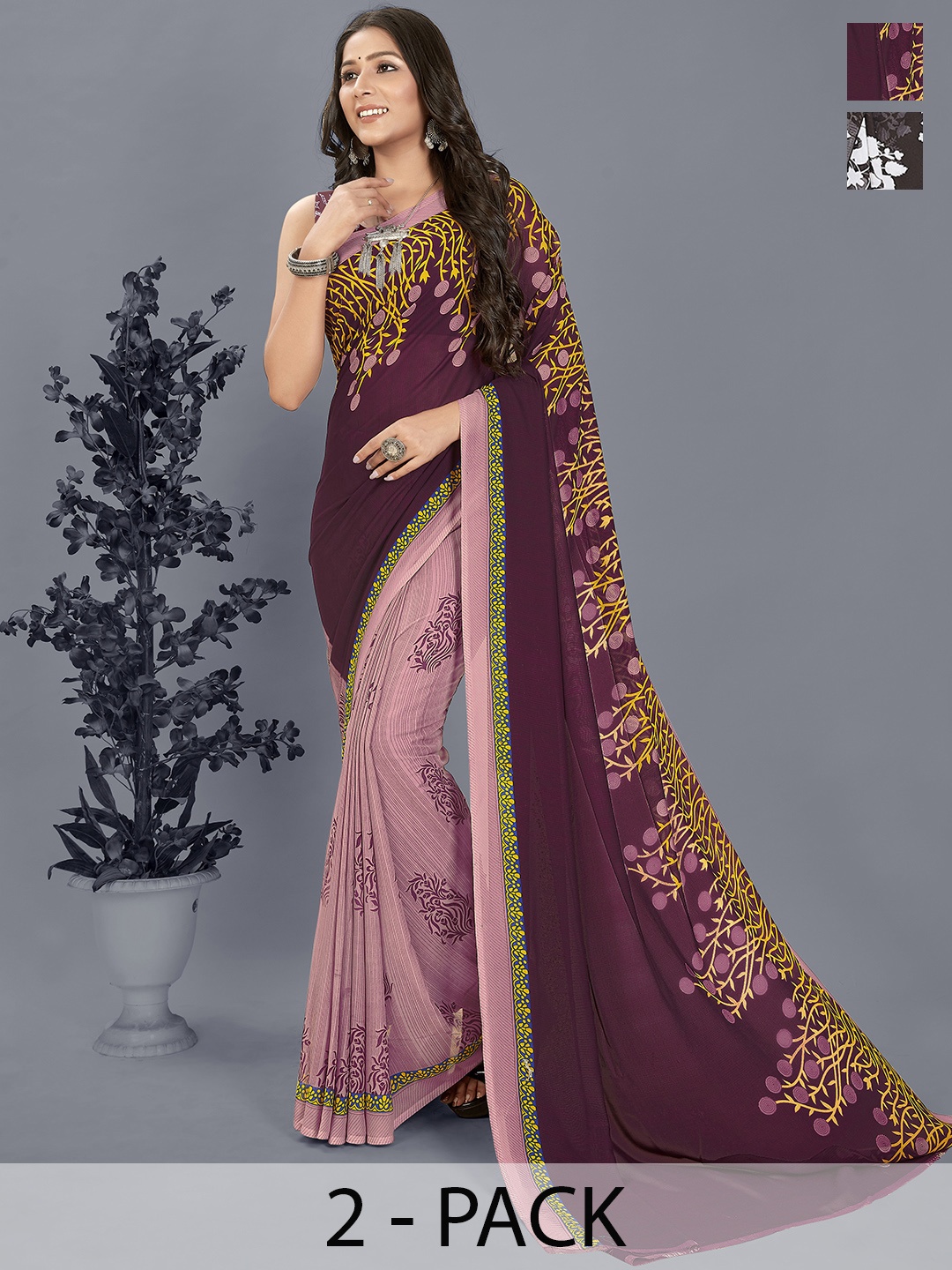 ANAND SAREES Floral Pack of 2 Saree, Brown