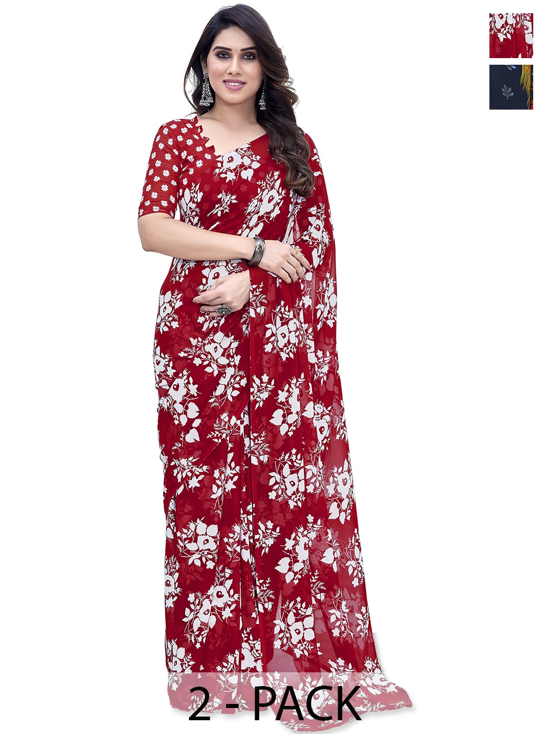 ANAND SAREES Floral Pack of 2 Saree, Red