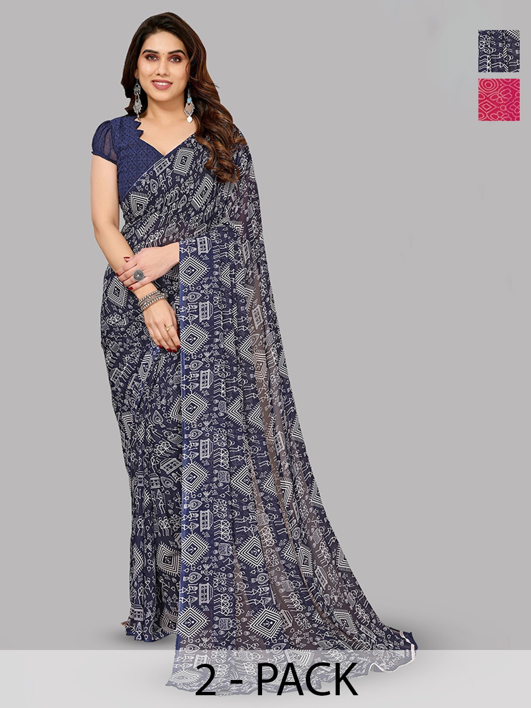 

ANAND SAREES Selection Of 2 Ethnic Motifs Printed Saree, Navy blue