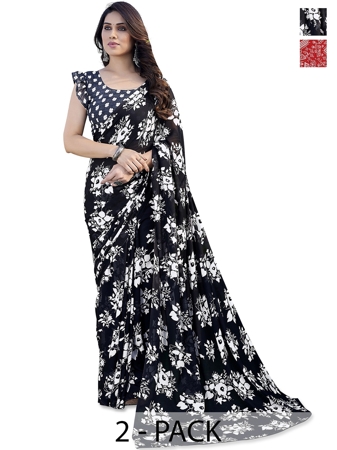ANAND SAREES Floral Saree Pack of 2, Red