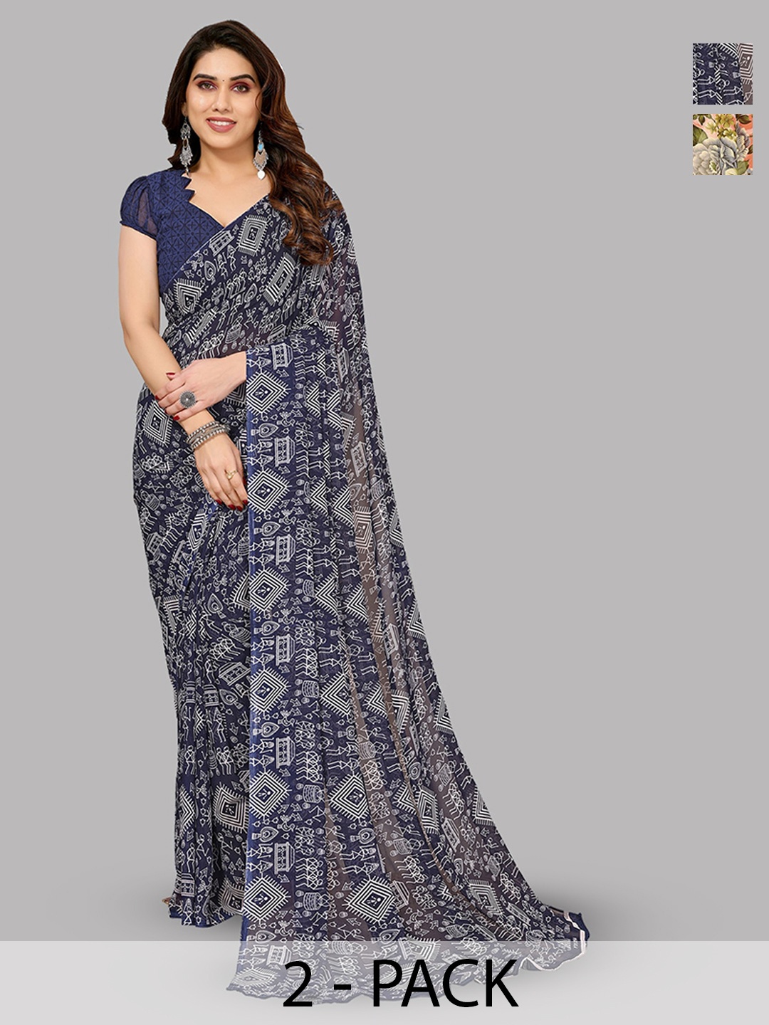 

ANAND SAREES Selection Of 2 Kalamkari Printed Saree, Blue