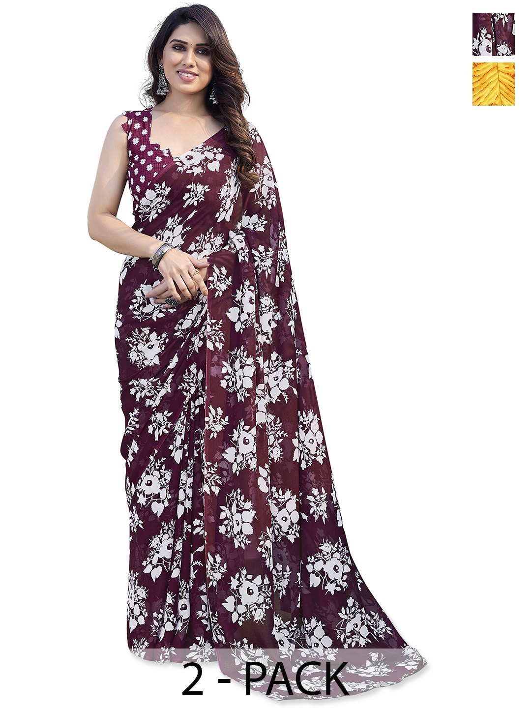 

ANAND SAREES Selection Of 2 Floral Printed Saree, Maroon