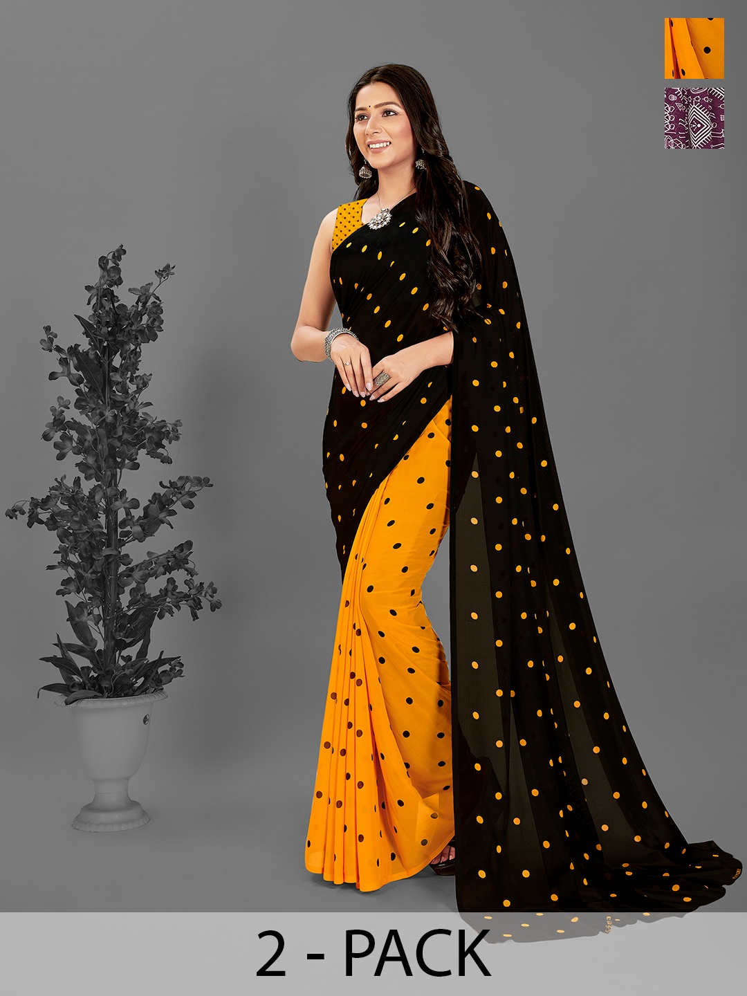 

ANAND SAREES Polka Dots Pack of 2 Saree, Black