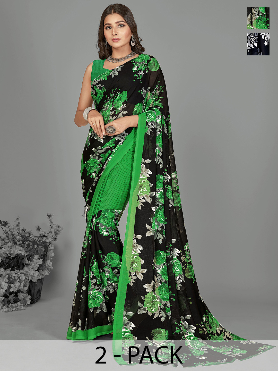 

ANAND SAREES Floral Pack of 2 Saree, Green