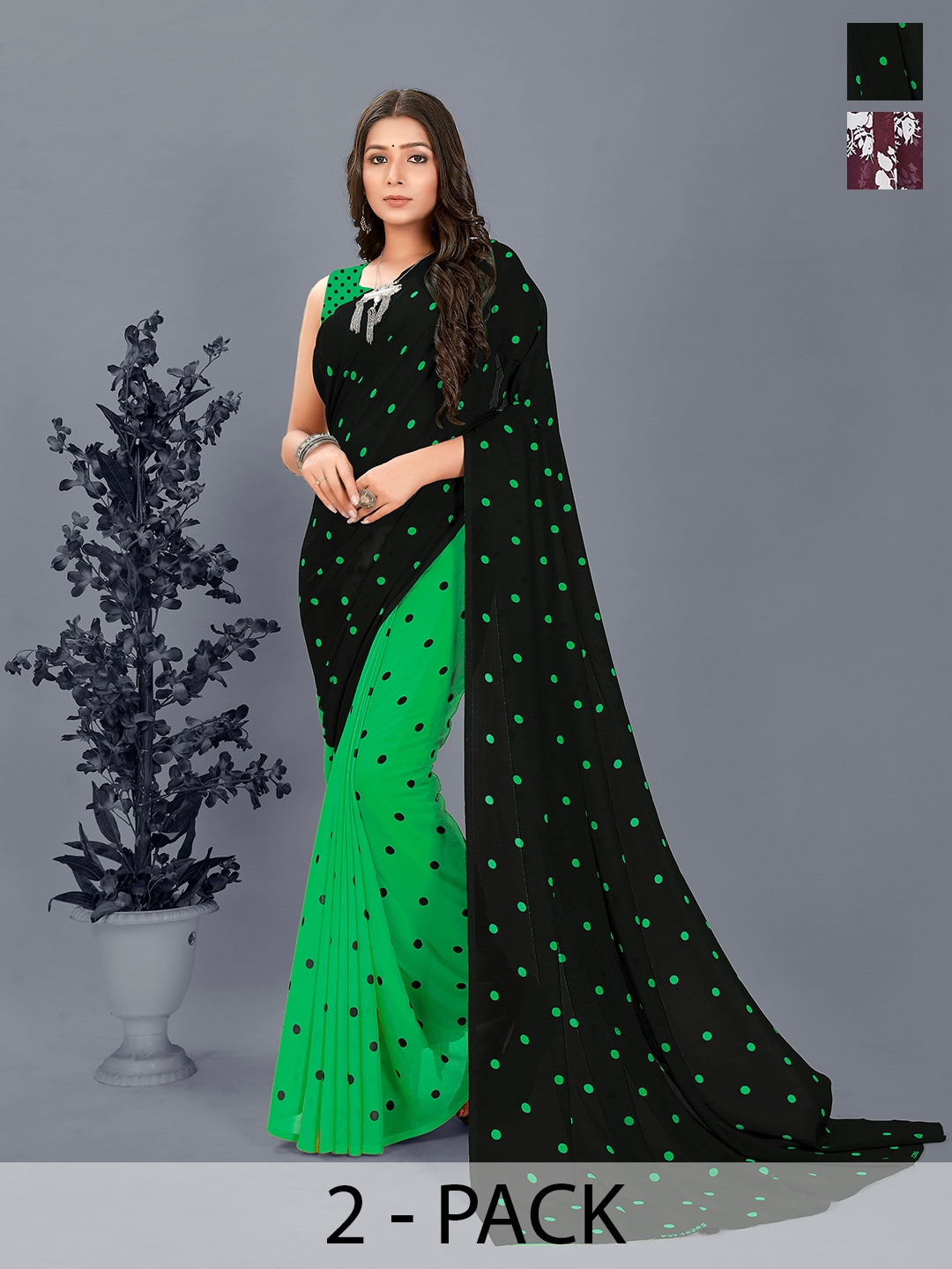 

ANAND SAREES Polka Dots Pack of 2 Saree, Green