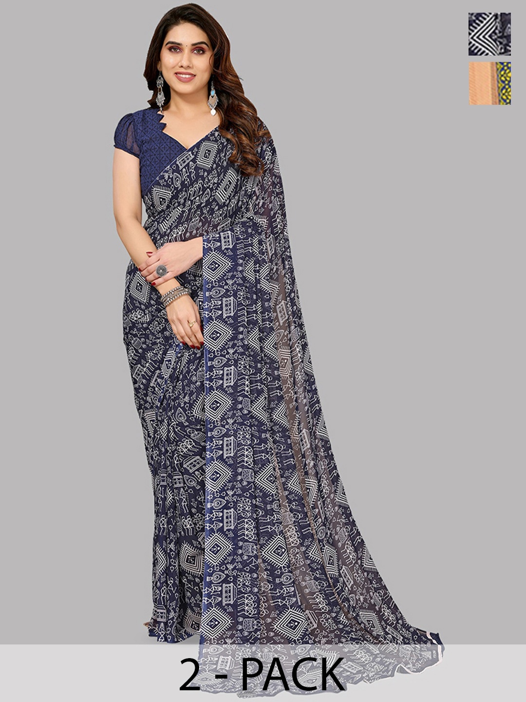 

ANAND SAREES Selection Of 2 Printed Saree, Navy blue