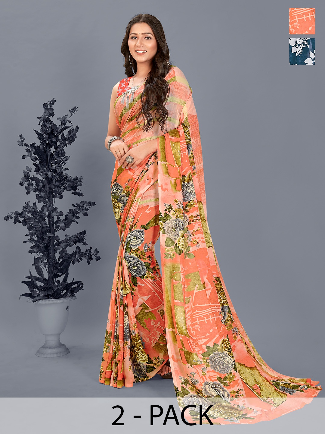 ANAND SAREES Floral Pack of 2 Saree, Blue