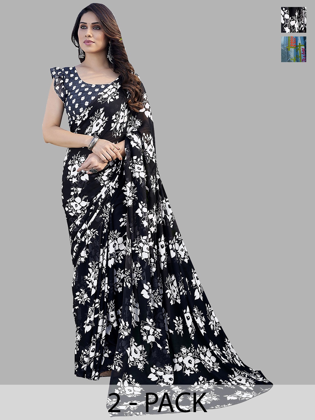 ANAND SAREES Floral Pack of 2 Saree, Black