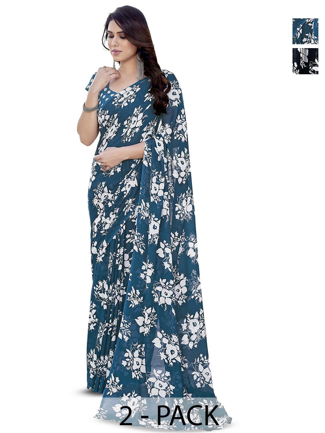

ANAND SAREES Selection Of 2 Floral Printed Saree, Blue