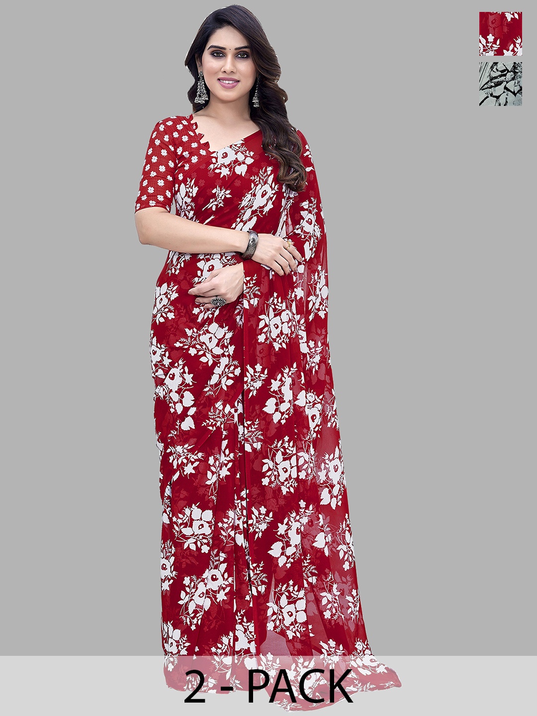 

ANAND SAREES Floral Pack of 2 Saree, Red