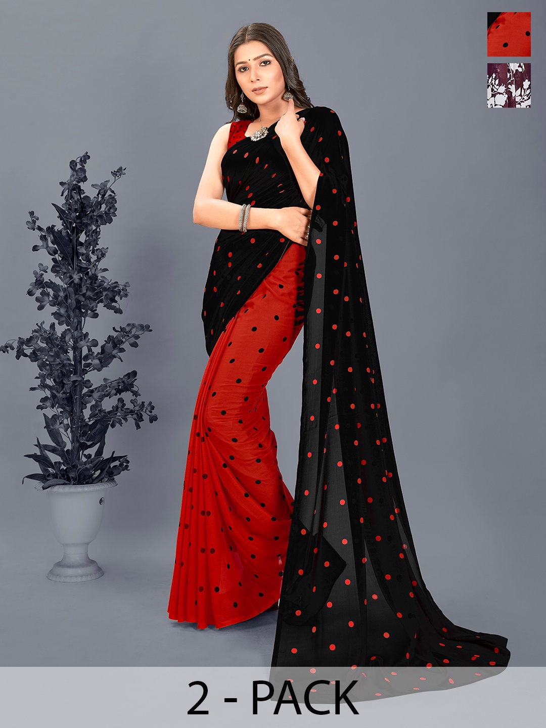 

ANAND SAREES Polka Dots Pack of 2 Saree, Black