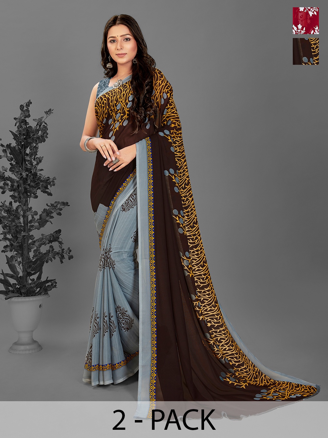 

ANAND SAREES Ethnic Motifs Pack of 2 Saree, Brown