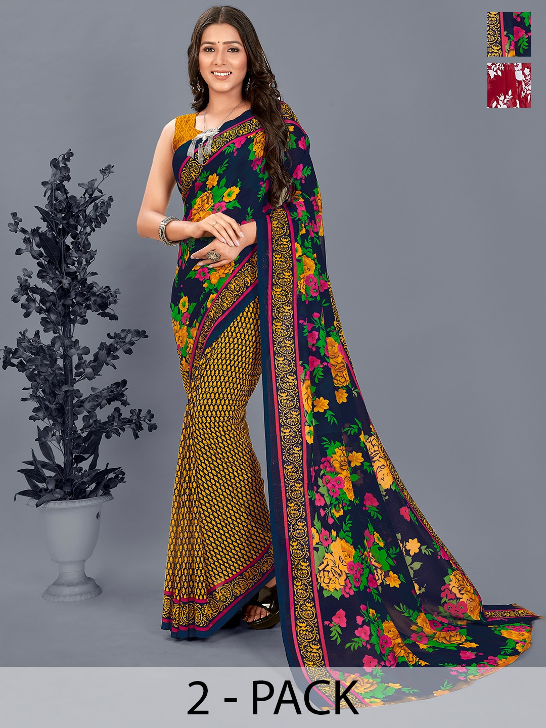 

ANAND SAREES Floral Pack of 2 Saree, Red