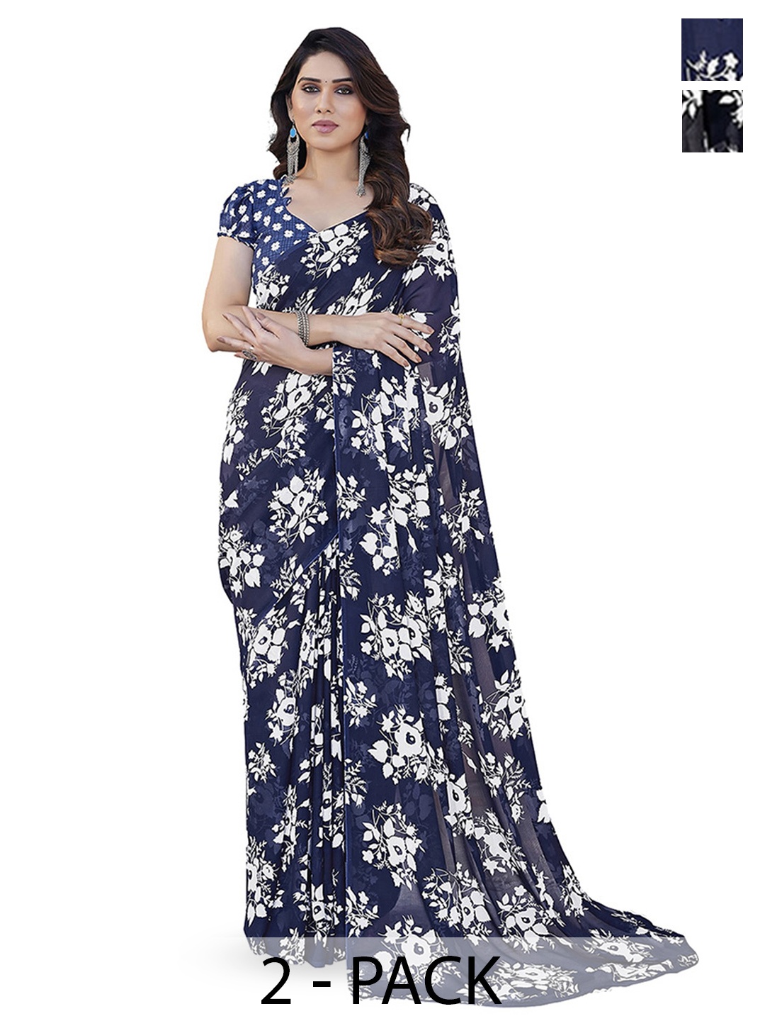 

ANAND SAREES Selection Of 2 Floral Printed Saree, Blue