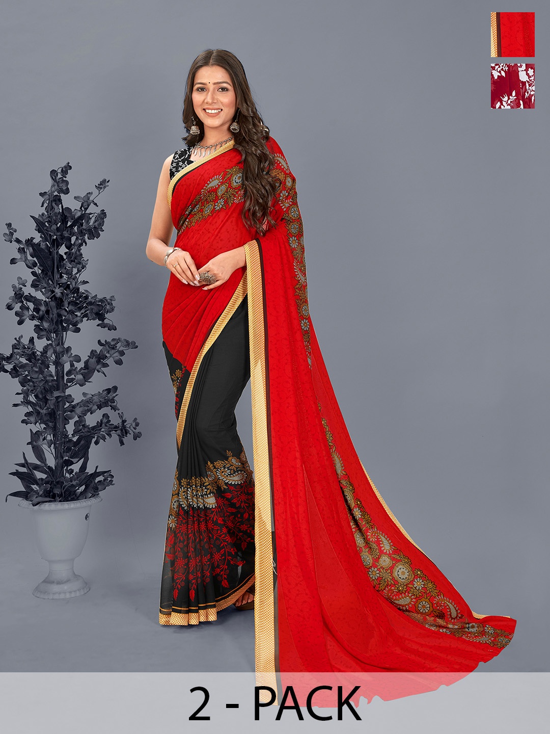 ANAND SAREES Ethnic Motif Pack of 2 Saree, Red