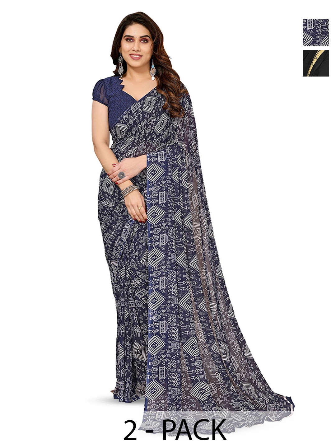 

ANAND SAREES Selection Of 2 Ethnic Motifs Printed Saree, Black