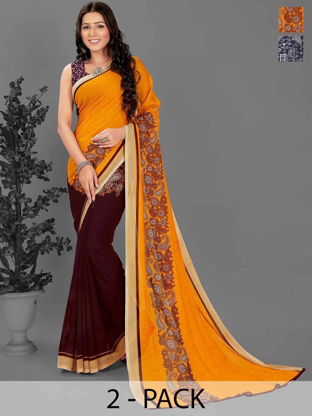 

ANAND SAREES Warli Pack of 2 Saree, Navy blue