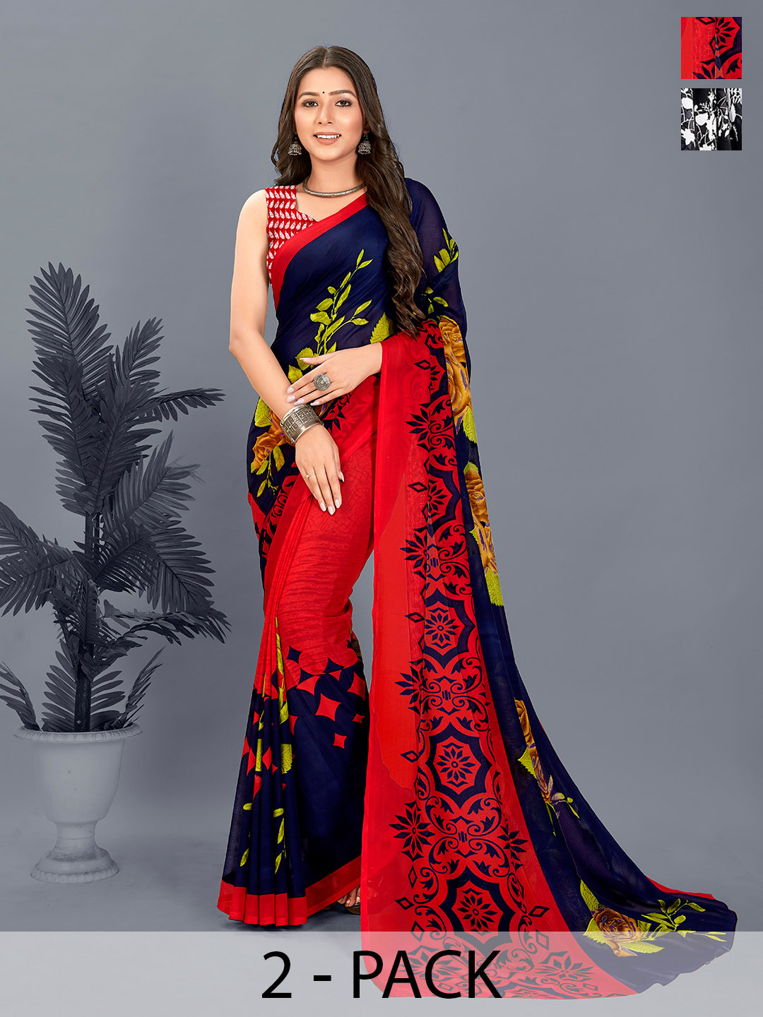 

ANAND SAREES Floral Pack of 2 Saree, Red