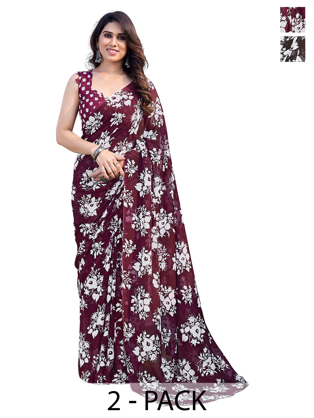

ANAND SAREES Floral Pack of 2 Saree, White