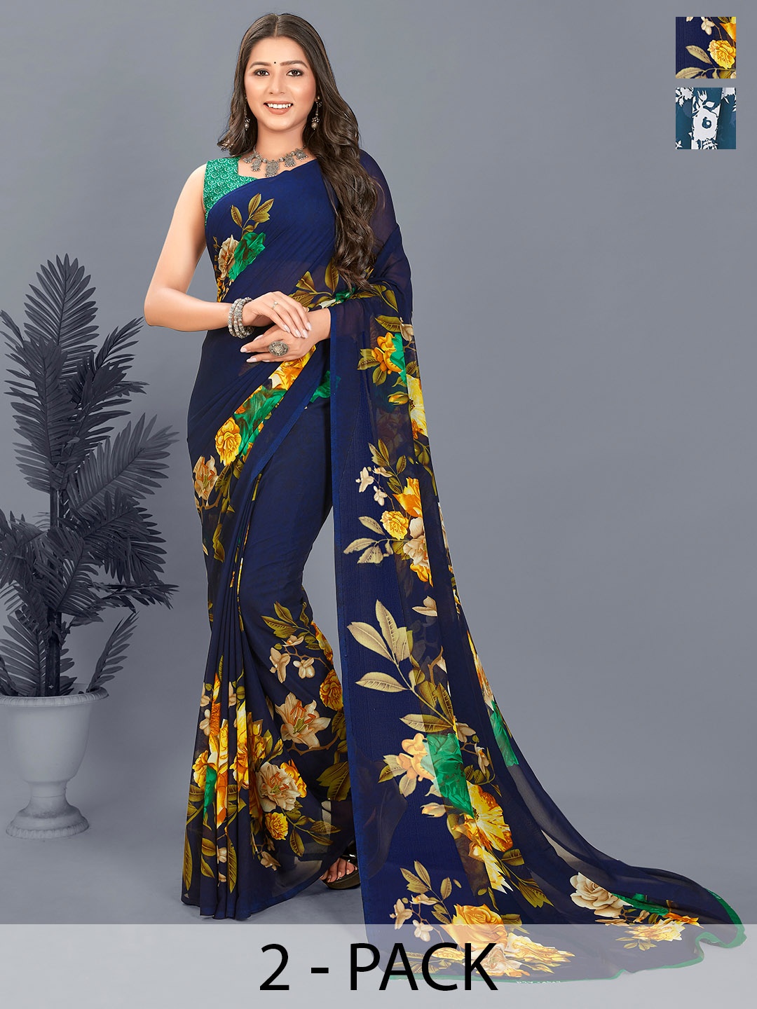 

ANAND SAREES Floral Pack of 2 Saree, Teal