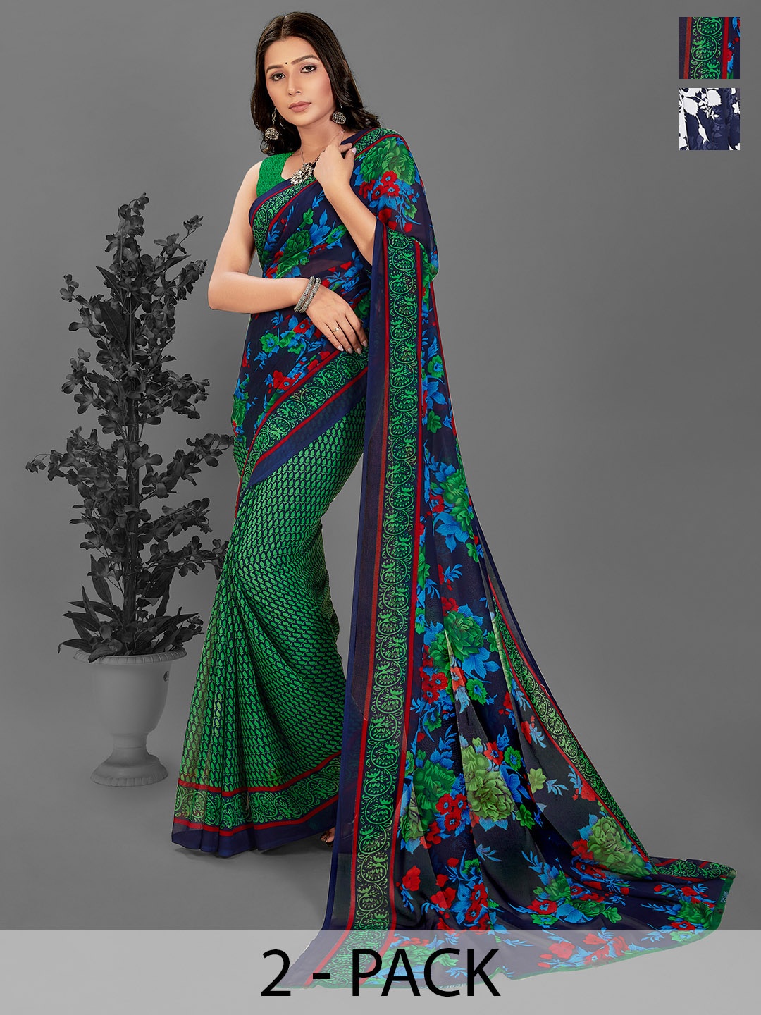 

ANAND SAREES Floral Pack of 2 Saree, Teal