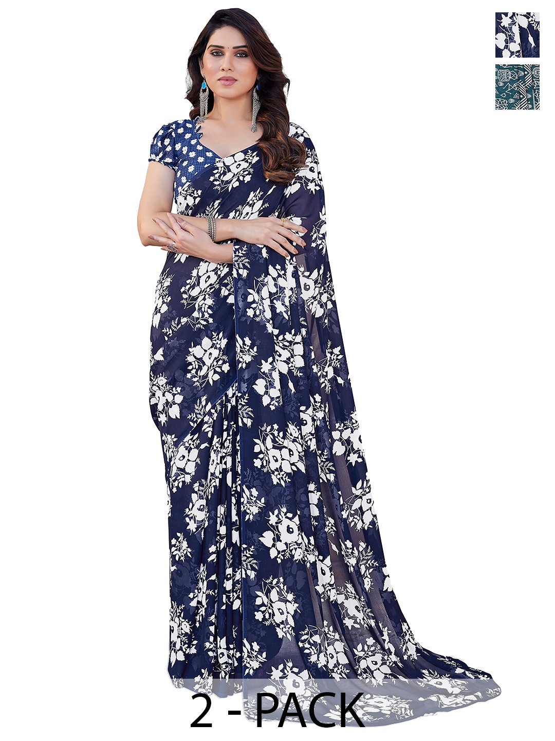 ANAND SAREES Floral Pack of 2 Saree, Blue