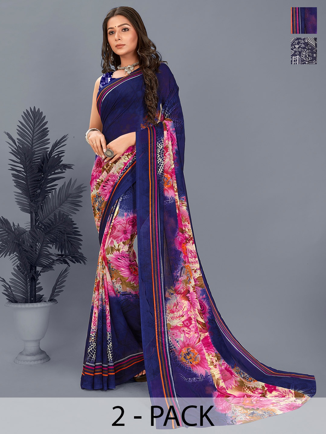 

ANAND SAREES Floral Pack of 2 Saree, Blue