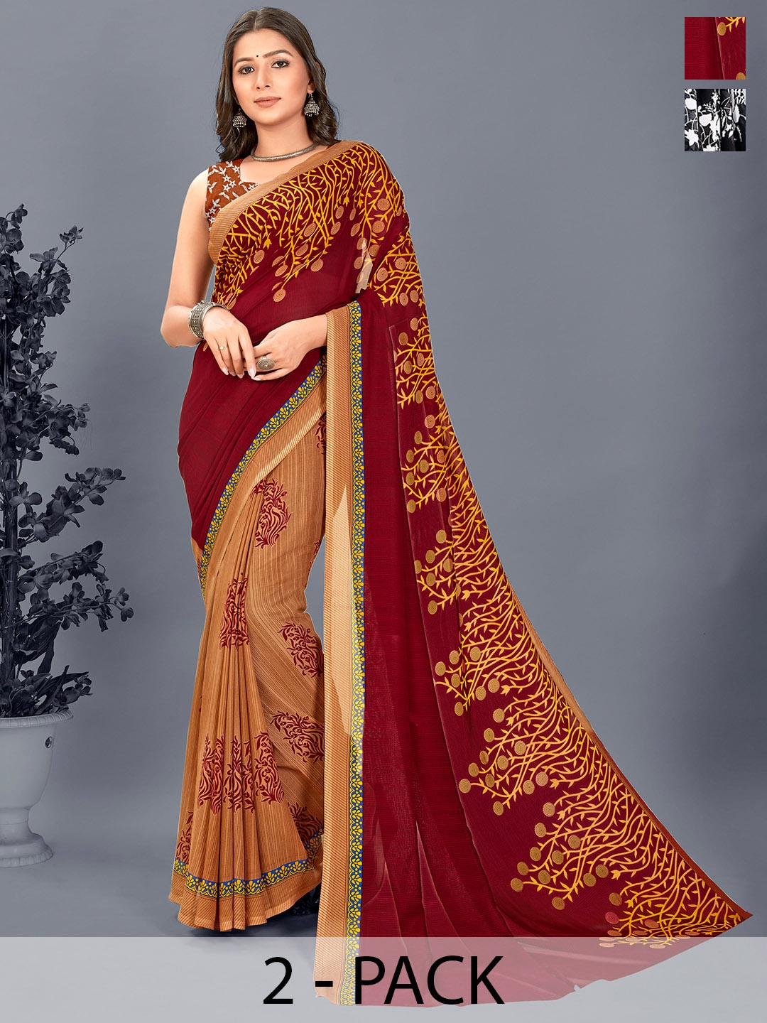 

ANAND SAREES Floral Pack of 2 Saree, Black